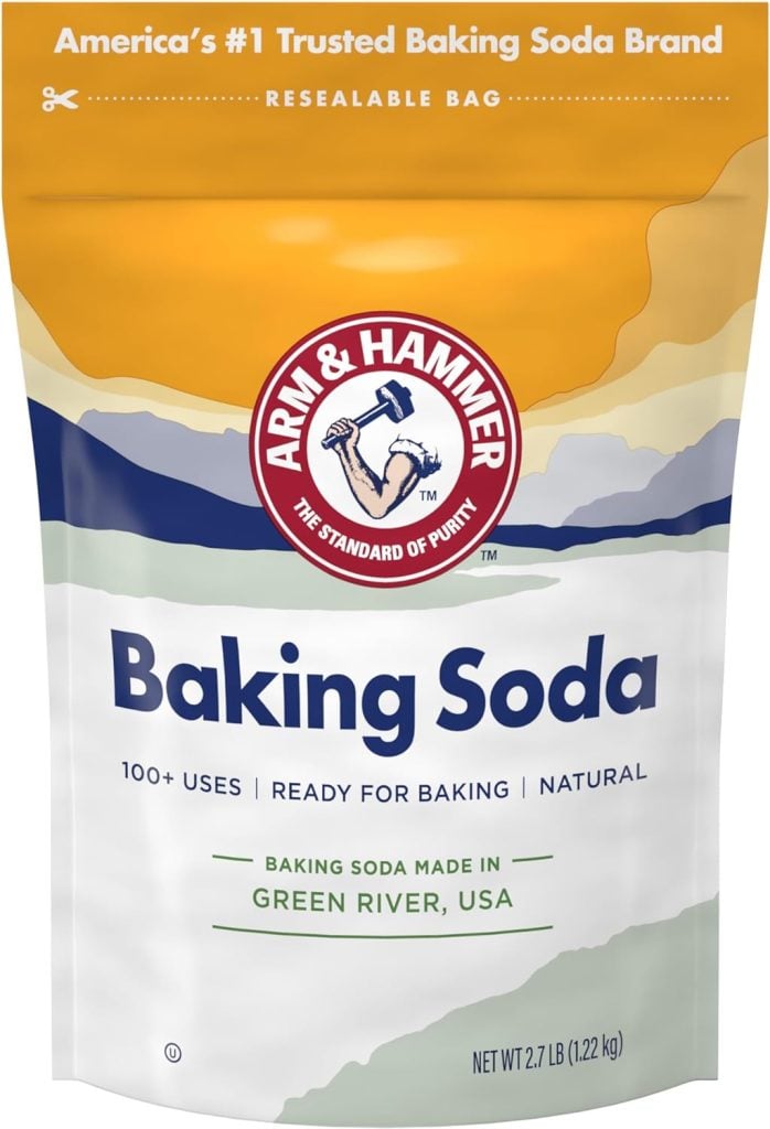 A resealable bag of Arm & Hammer baking soda with informational text highlighting its uses and origin in Green River, USA.