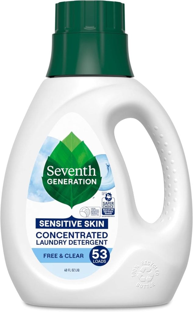 Bottle of Seventh Generation Free & Clear concentrated laundry detergent for sensitive skin, suitable for 53 loads.