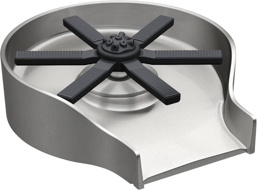 A stainless steel bar glass rinser with a black plastic spraying nozzle and a sloped drainage tray, perfect for holiday gatherings or setting up near your Winter Wreath display.