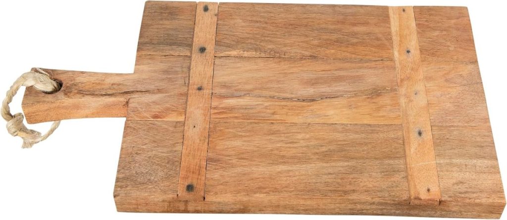 Rectangular wooden cutting board with a handle and rope loop, featuring two horizontal support strips&mdash;perfect as a Valentine's Day Charcuterie Board for your special celebrations.