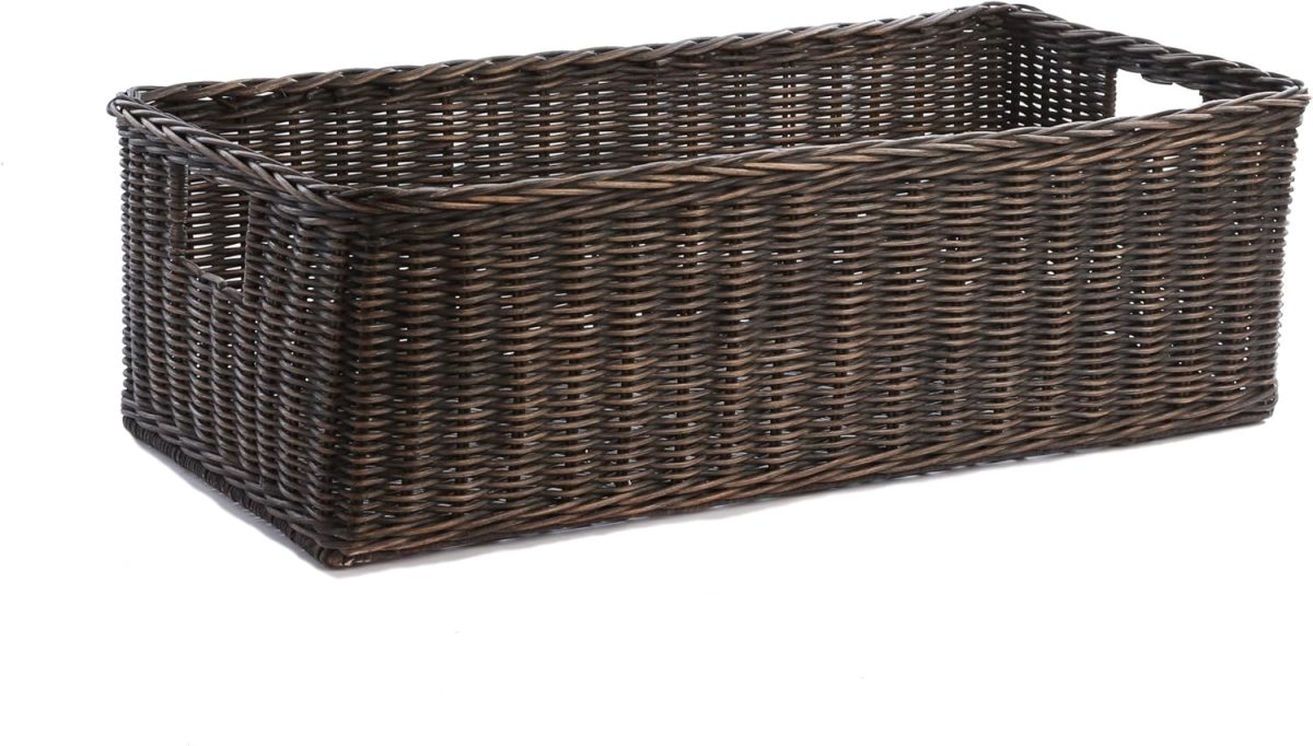 Dark brown rectangular wicker basket with open top and cut-out handles on each side.