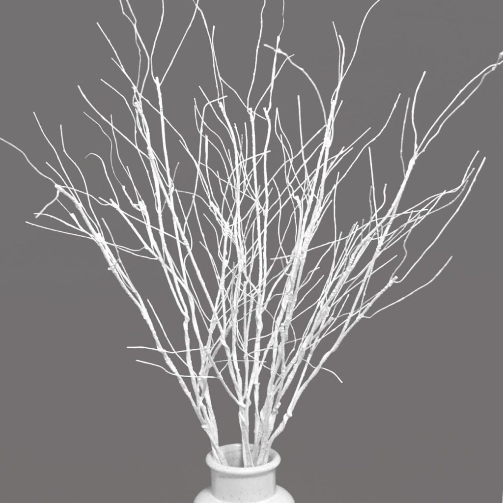 A vase with numerous tall, thin, white branches against a gray background.