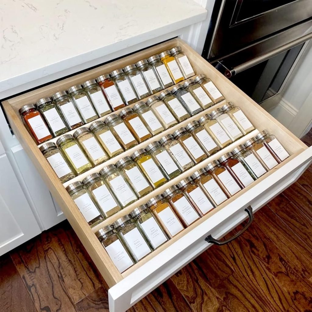 Open kitchen drawer with an array of kitchen items, including spice jars neatly labeled and arranged in a grid pattern.