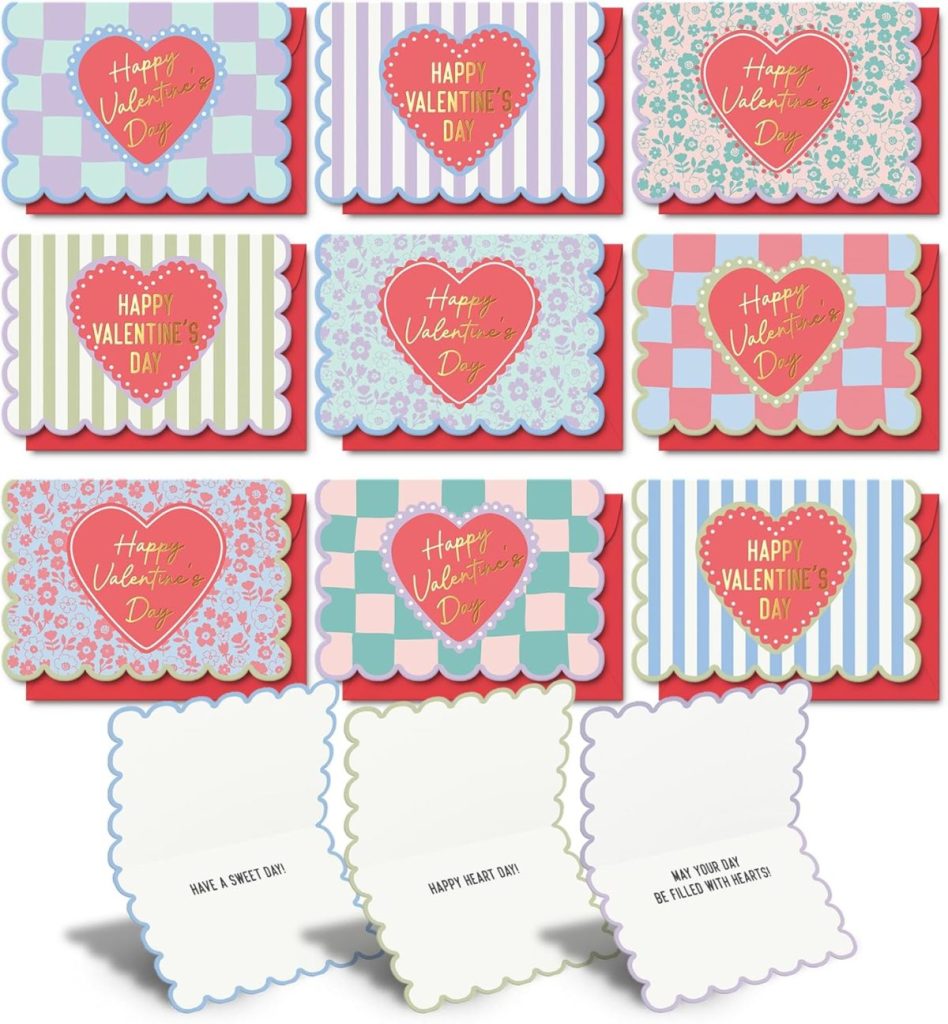 Ten decorative Valentine's Day Cards with various pastel patterns, each featuring a red heart and the message "Happy Valentine's Day." Three cards are shown open, revealing charming greetings inside.