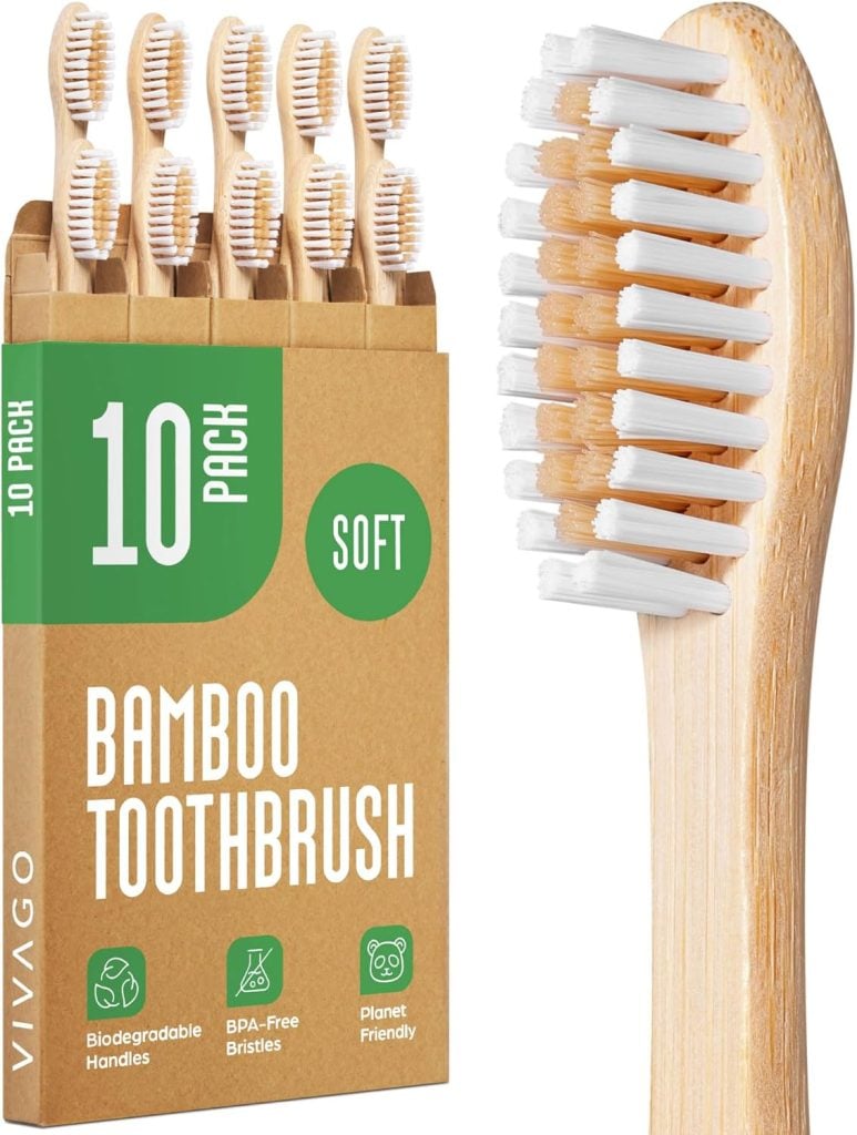 Pack of 10 bamboo toothbrushes with soft bristles. Includes biodegradable handles and is labeled as BPA-free and planet-friendly.