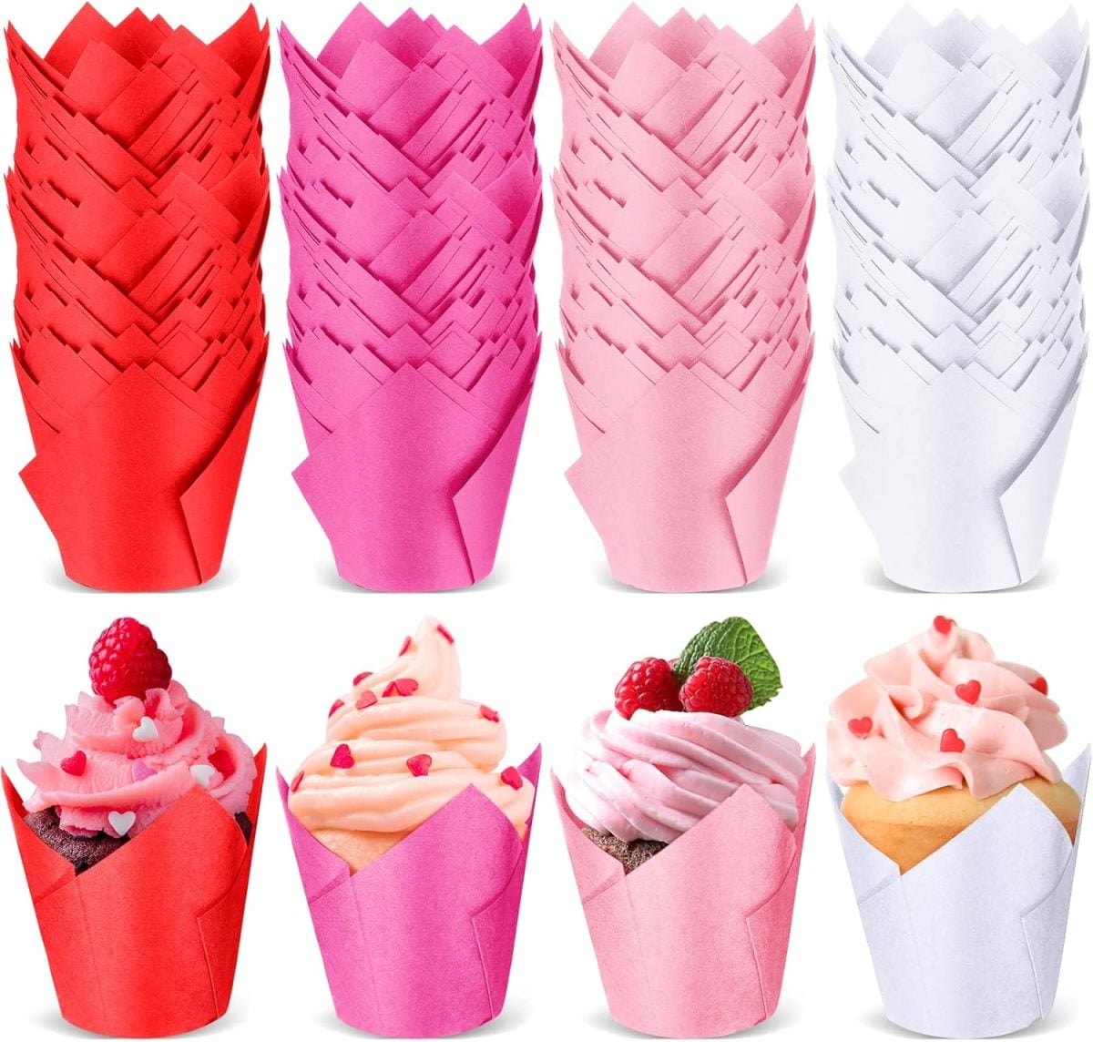 Four stacks of cupcake wrappers in red, dark pink, light pink, and white, with four Valentine's cupcakes in matching colored wrappers decorated and placed in front of each stack.