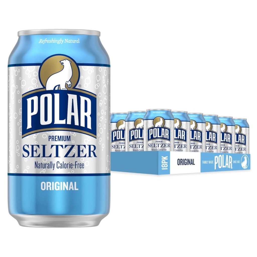 A can of Polar Original Premium Seltzer is in the foreground, with a 12-pack of the same seltzer shown in the background. The seltzer is naturally calorie-free.