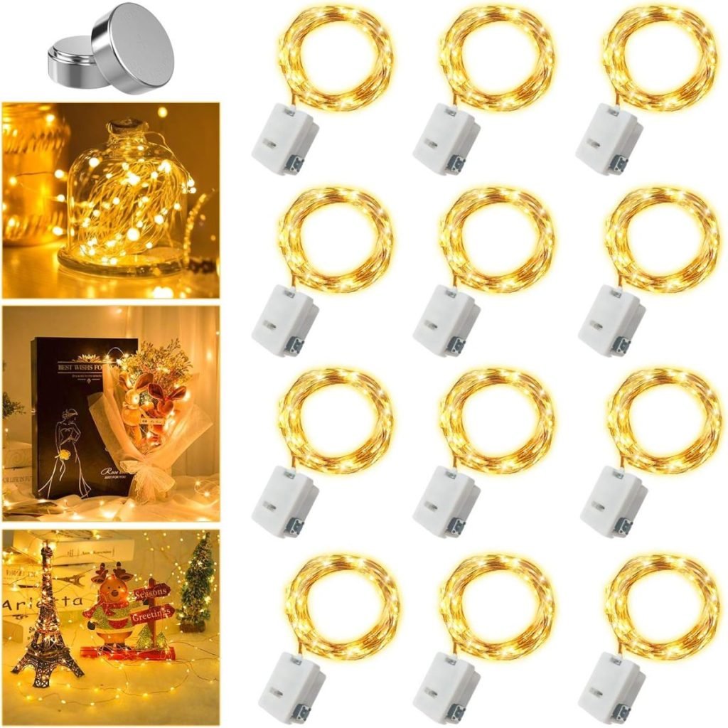 A set of 12 battery-operated string lights arranged in rows. Adjacent images display various decorative uses, including bottles, wreaths, and holiday settings.