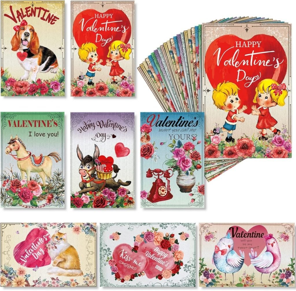 A collection of vintage-style Valentine's Day cards featuring animals, flowers, and cartoon children with various romantic and festive messages.