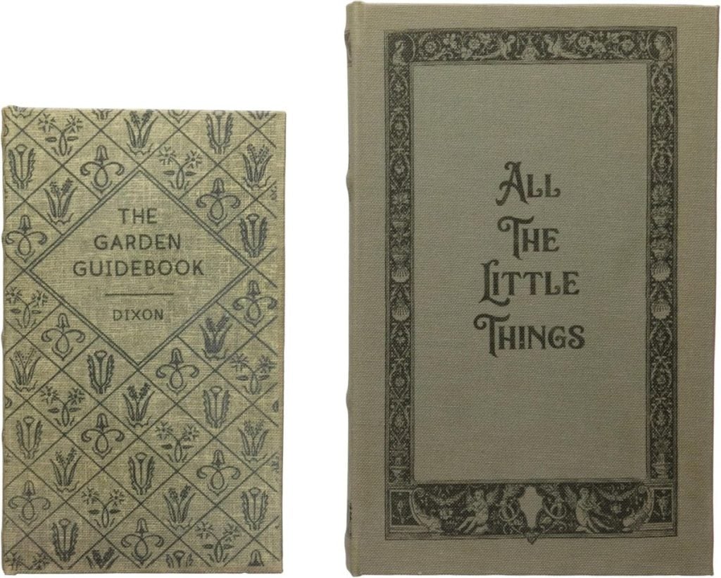 Two vintage books showcasing a winter color palette. Left: "The Garden Guidebook" by Dixon, featuring a geometric floral cover. Right: "All The Little Things," adorned with a decorative floral border. Both have green hardcovers.