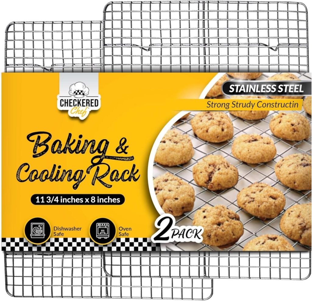 Packaging for a two-pack of stainless steel baking and cooling racks, each measuring 11 3/4 x 8 inches. Perfect for crafting treats like brown sugar bacon or cookies, these racks are dishwasher and oven safe.