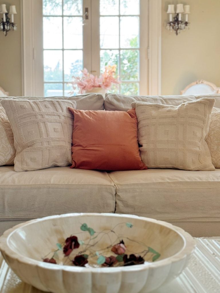 A beige sofa adorned with two patterned pillows and an orange pillow is in front of a large window. A decorative bowl sits on the coffee table in front.