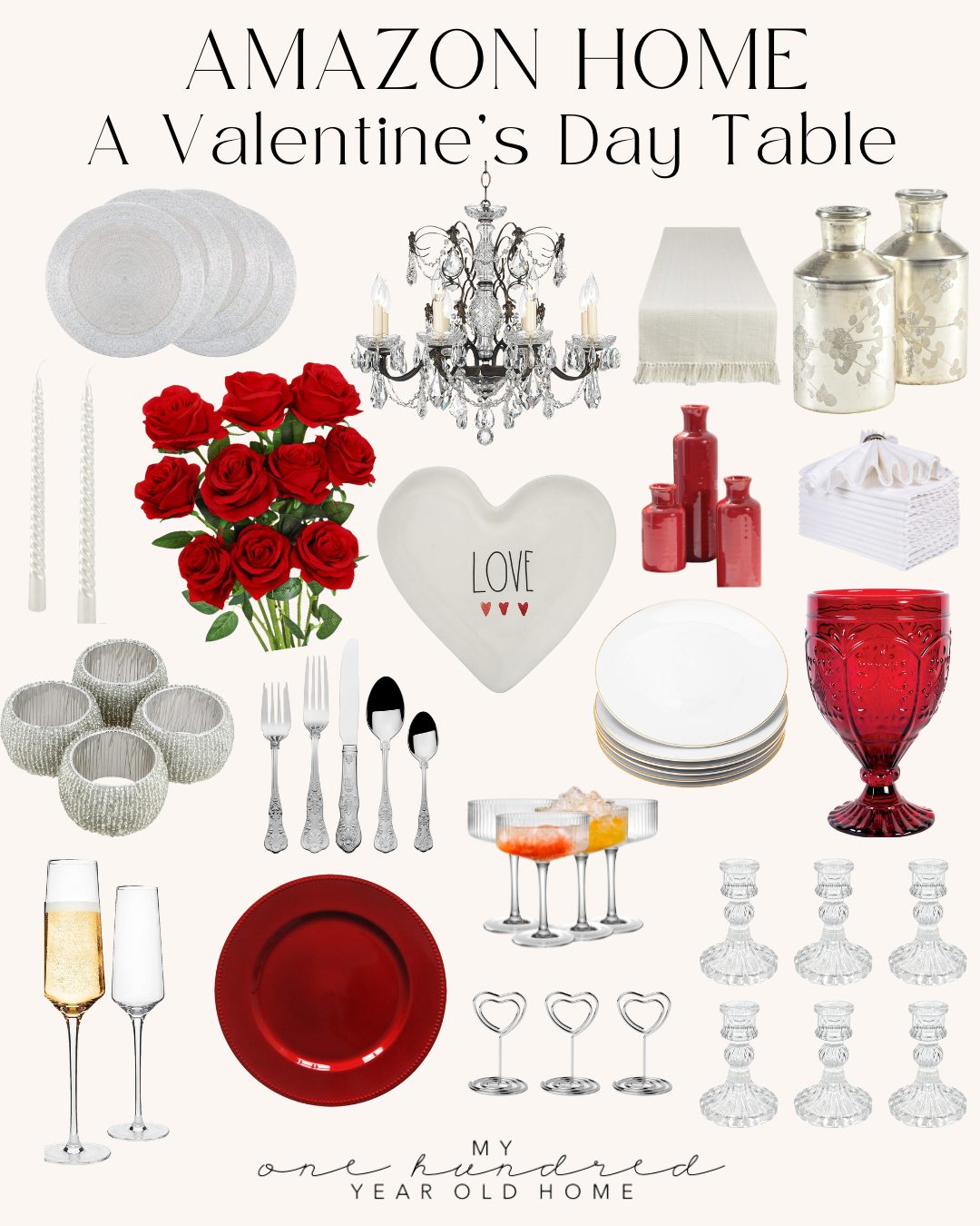Valentine's Day table setup with plates, cutlery, candles, red roses, red and clear glassware, decorative items, and a chandelier.