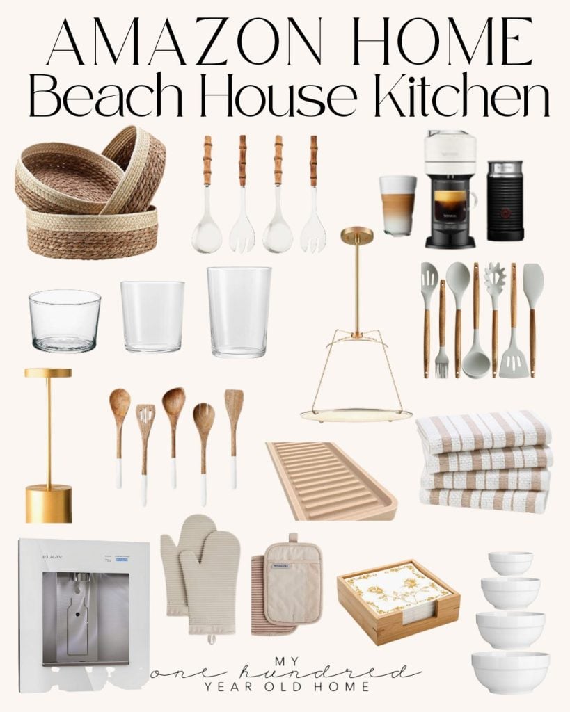 Collage of kitchen items, including utensils, glasses, plates, a coffee maker, towels, and a water filter on open kitchen shelving. Labeled "Amazon Home Beach House Kitchen.