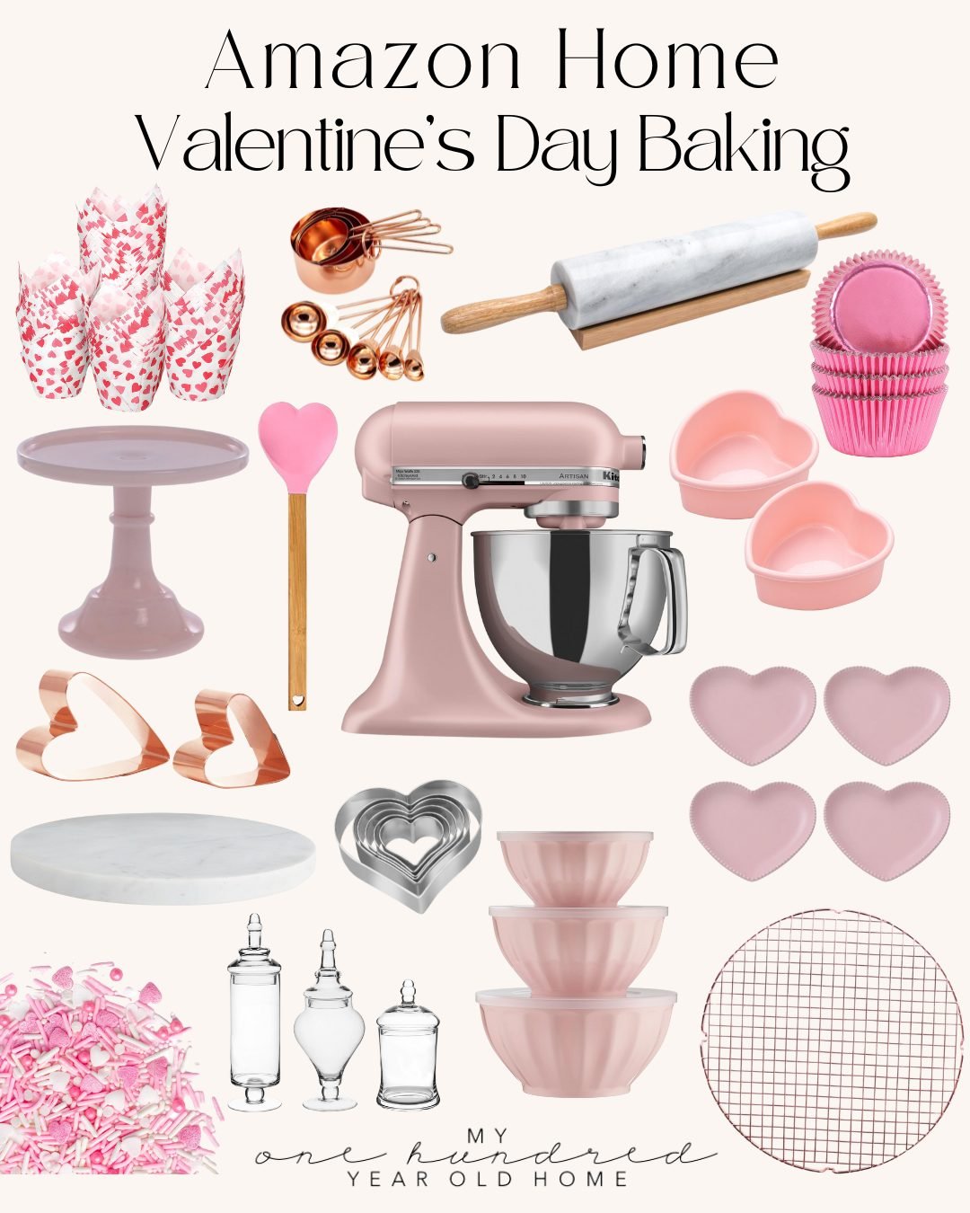 Collage of Valentine's Day baking items, featuring a pink mixer, heart-shaped molds, chocolate marshmallow cookie cutters, rolling pin, cupcake liners, cake stand, bowls, and decorating supplies.
