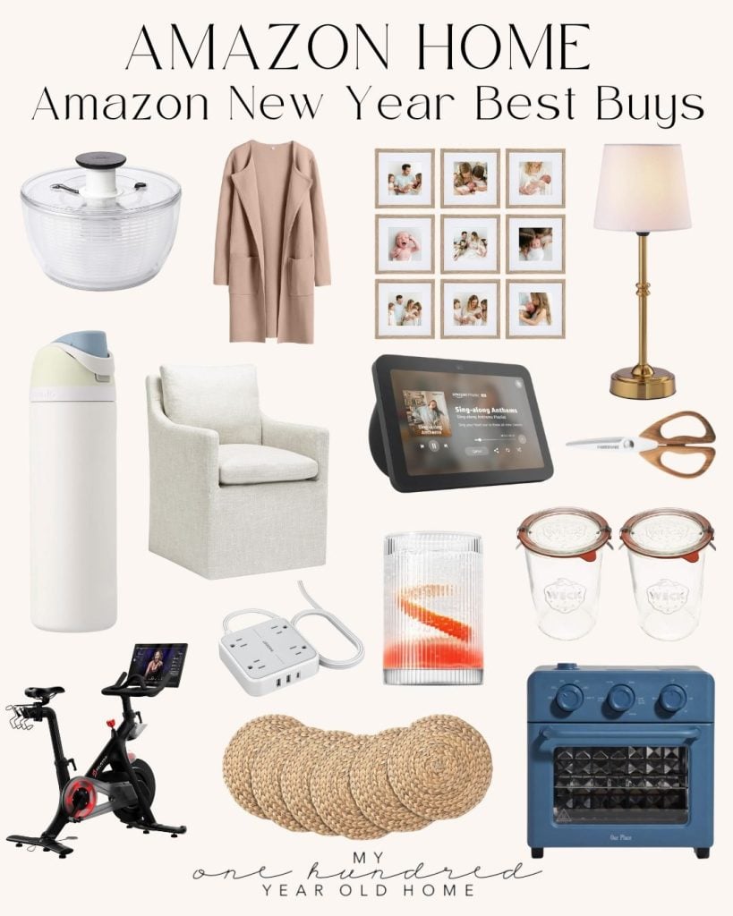 Collage of Amazon home and kitchen items, featuring a salad spinner, lamp, photo frames, Echo Show, scissors, chair, thermos, bike, air fryer, jar set with placemats for your dining decor, heater for warmth and a power strip to keep everything charged.