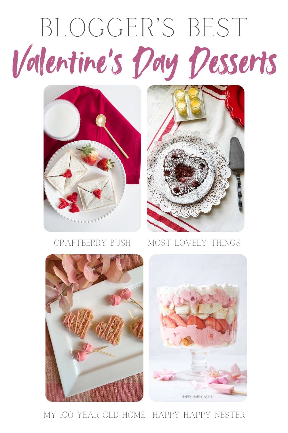 Collage of four Valentine's Day dessert images: strawberry waffles, heart-shaped chocolate cake, decorated cookies, and a layered trifle topped with marshmallows. Each is labeled with a creative blog name.