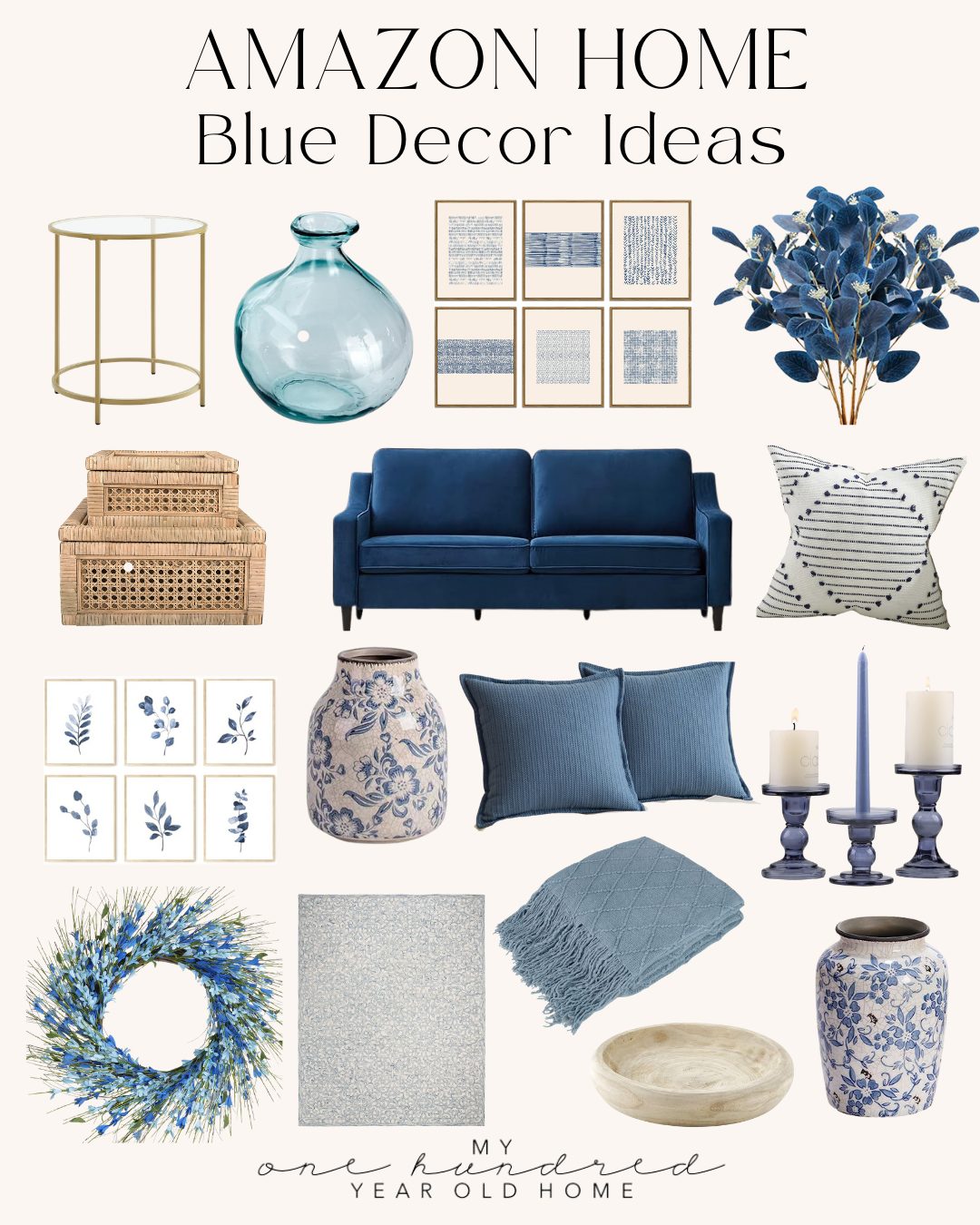 Collage of blue-themed home decor items, including a sofa, pillows, vase, wall art, and decorative accessories arranged on a light background. Text reads "Amazon Home Blue Decor Ideas.