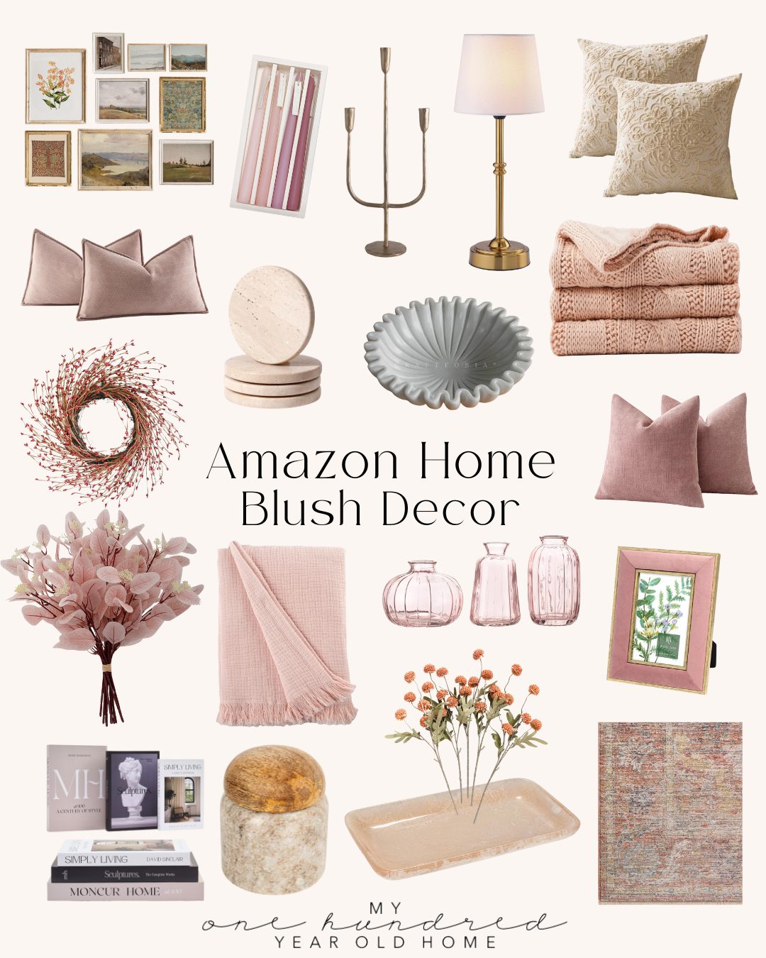 Collage of home decor items in blush tones, including pillows, lamps, vases, picture frames, and more, with the text "Amazon Home Blush Decor" at the center.