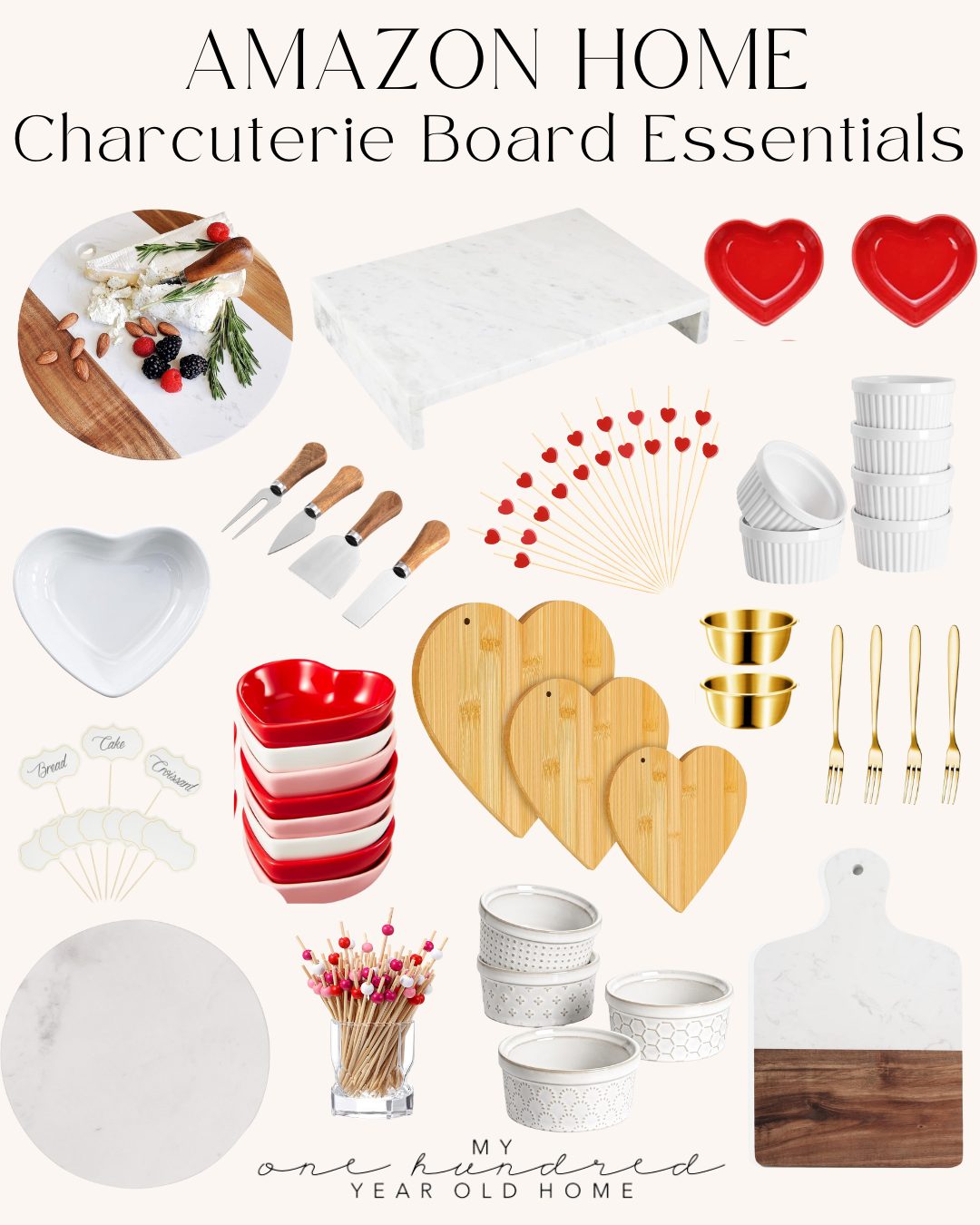 Charcuterie board essentials display, featuring heart-shaped bowls, wooden boards, cheese knives, ramekins, and other serving accessories on a light background. Add a touch of sweetness with cranberry orange scones to complete your elegant spread.