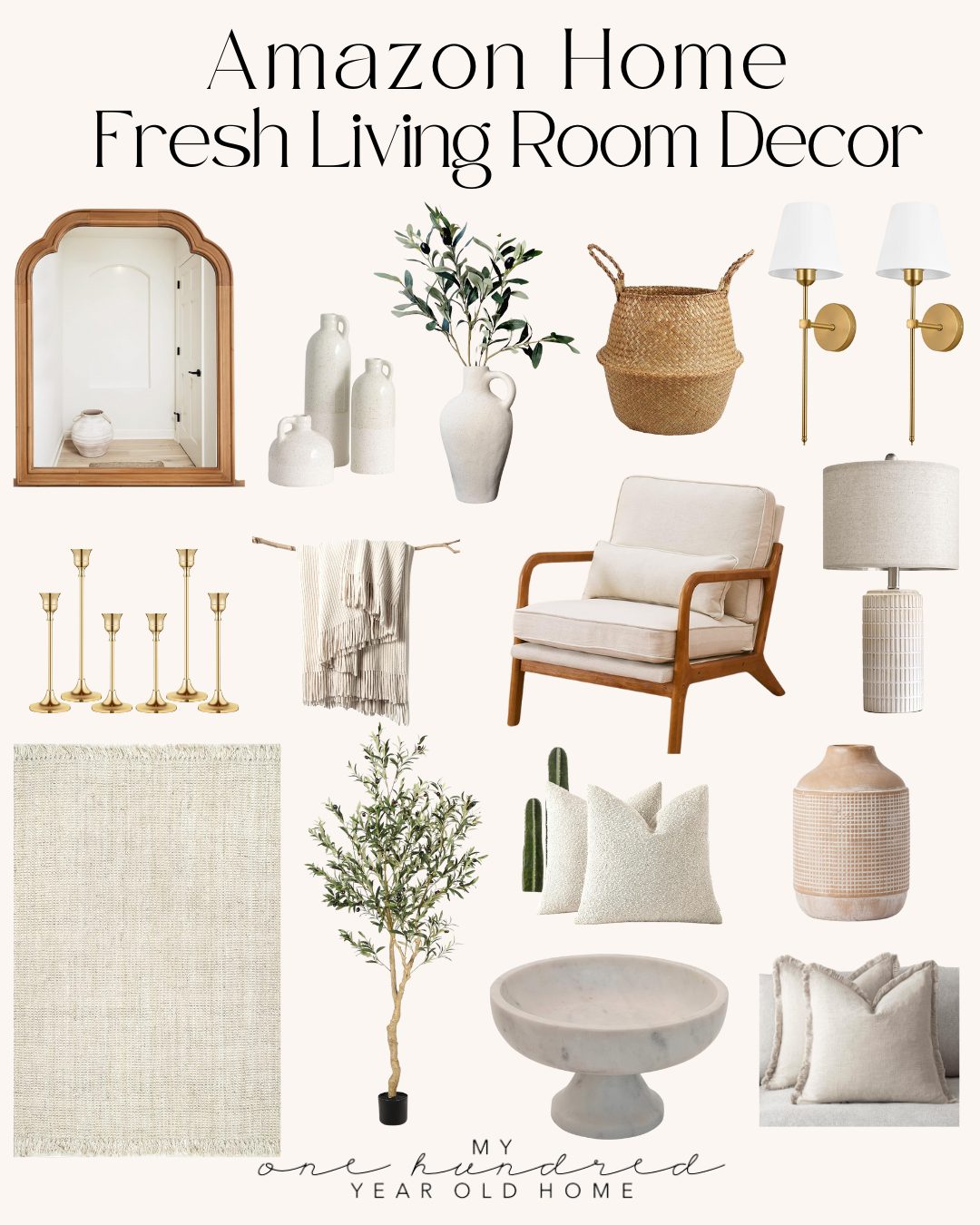 Collage of Amazon home decor items for a living room, including vases, mirrors, lamps, chair, basket, candlesticks, rug, throw, plant, and pillows.