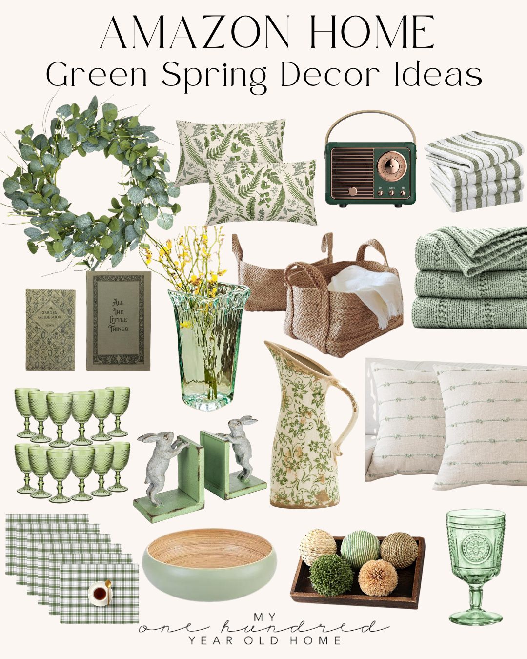 Collage of green spring decor items, including pillows, wreath, vase, bookends, pitcher, glassware, towels, and woven baskets&mdash;all refreshed with a light winter color palette for a harmonious seasonal transition.
