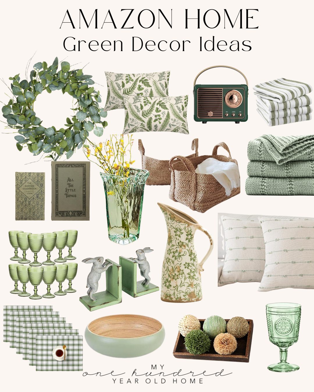 Collage of green-themed home decor items including plants, bookends, dishes, glassware, pillows, blankets, baskets, and a vintage radio. Text: "Amazon Home: Green Decor Ideas.