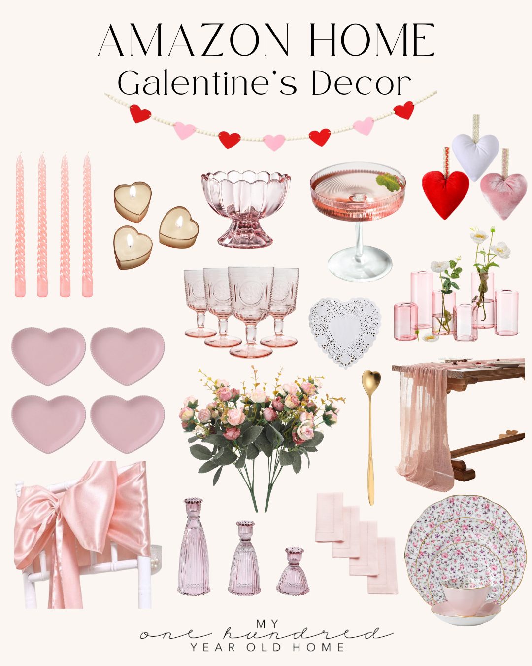 Collage of Galentine's decor items, featuring pink candles, glassware, heart-shaped plates, vases, and a gold heart spoon atop a floral cloth. Complement your setup with Valentine's Day cards. Text reads "Amazon Home Galentine's Decor.