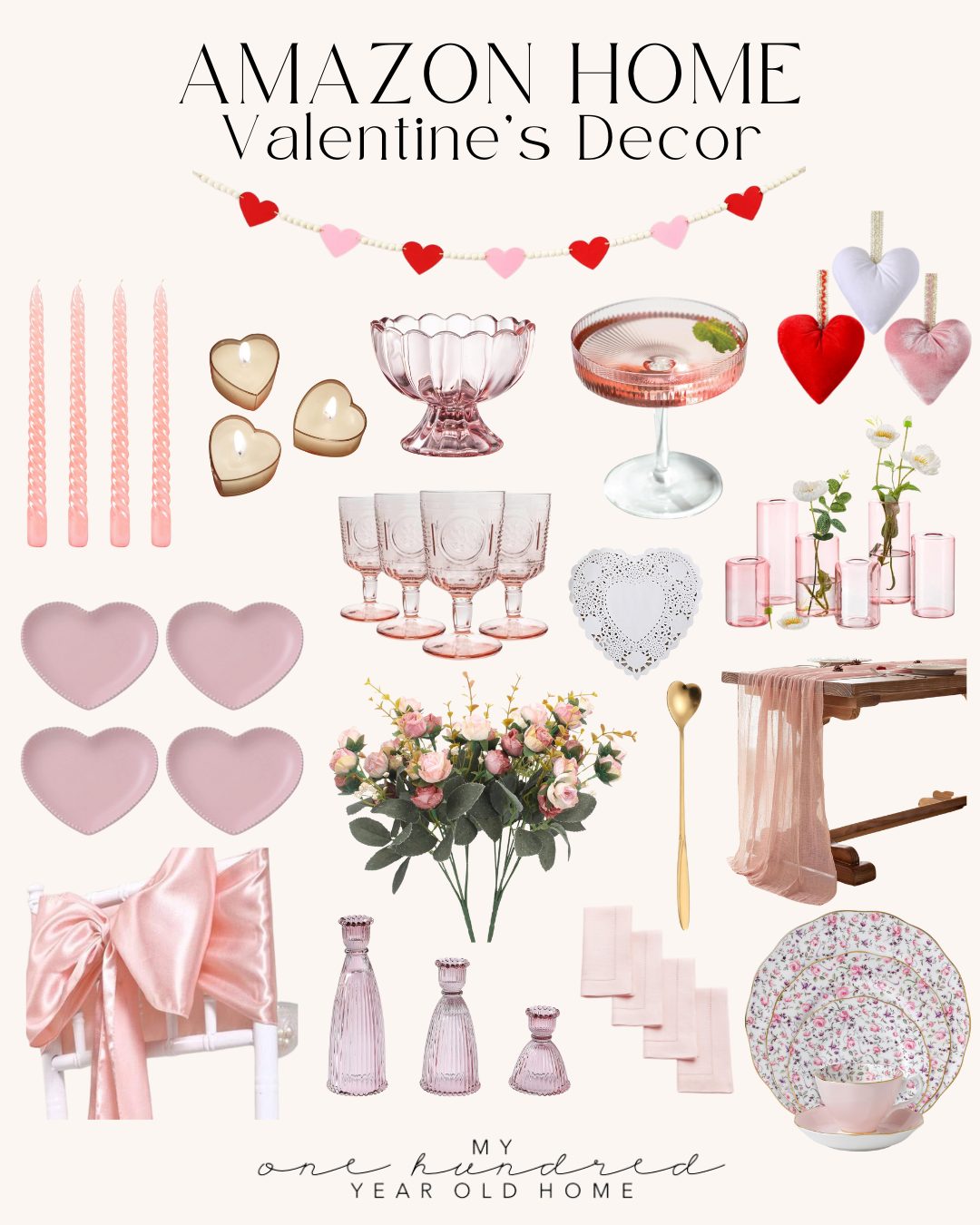 Valentine's themed decor including heart candles, glassware, plates, flowers, and pink accessories displayed in a collage with the text "Amazon Home Valentine's Decor" at the top.