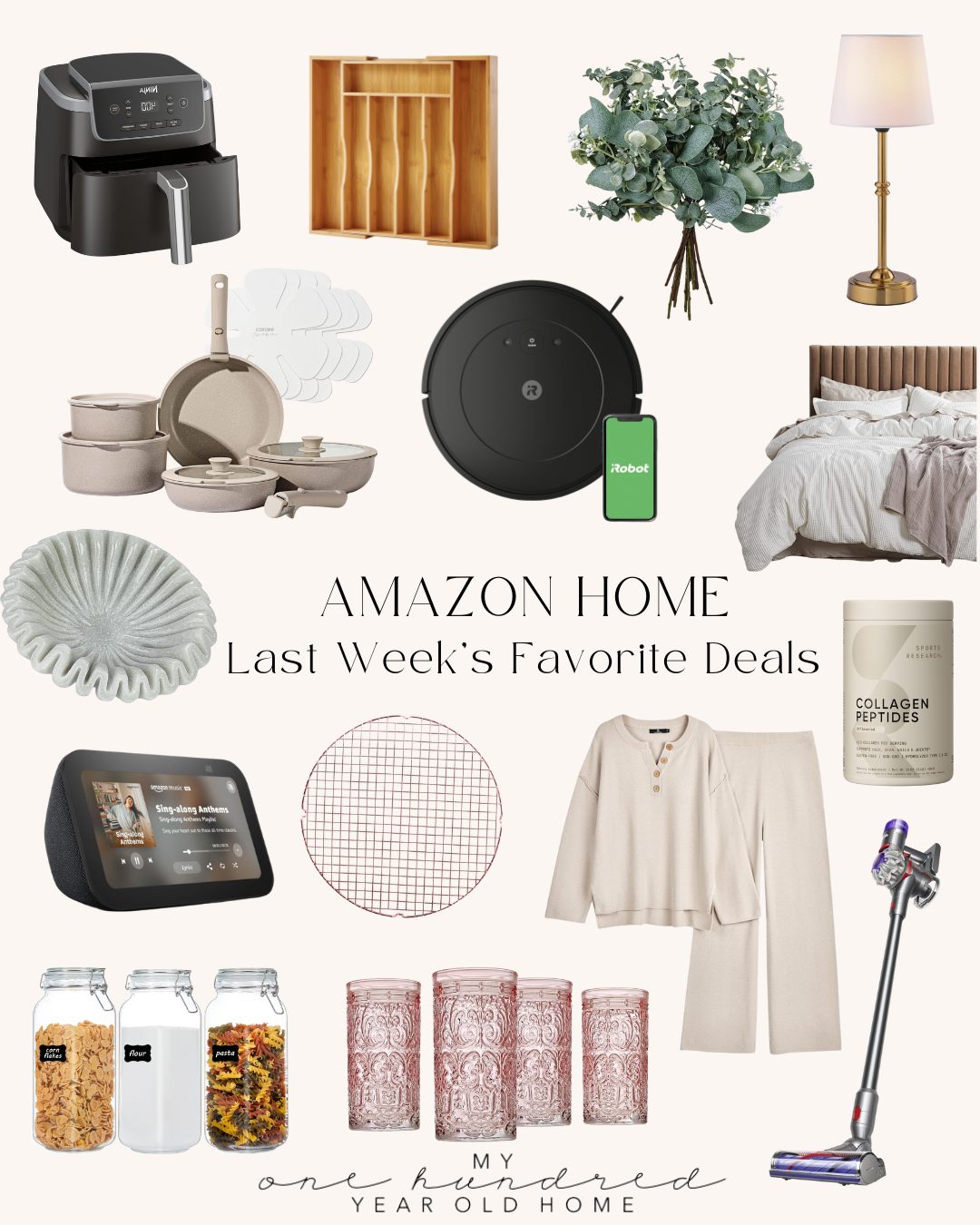 A collage of various home products including kitchenware, a vacuum, smart device, lamp, decorative items, and supplements with text mentioning Amazon Home deals.