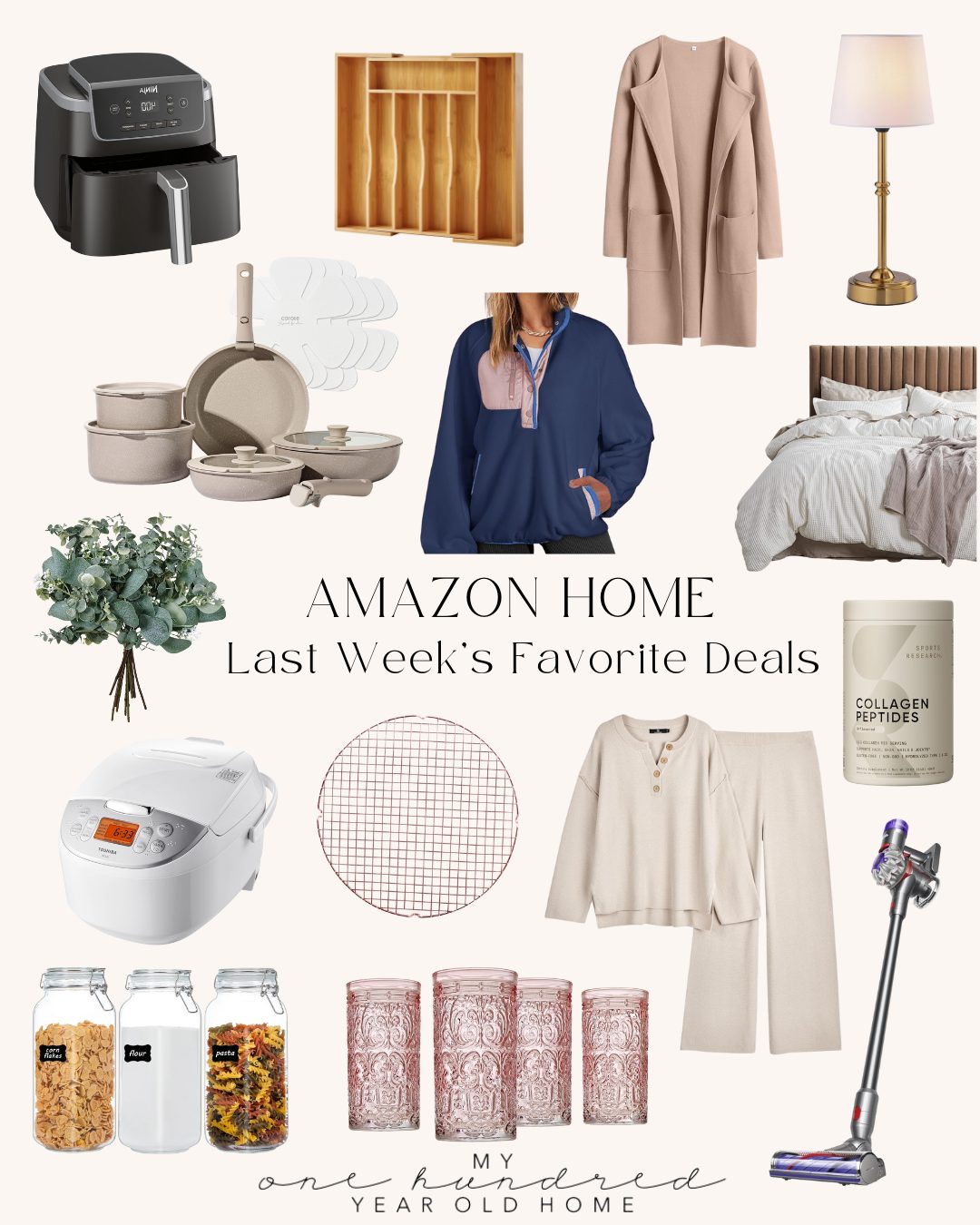 Collage of various home products including kitchen appliances, clothing, bedding, storage jars, and decor, labeled "Amazon Home Last Week's Favorite Deals.