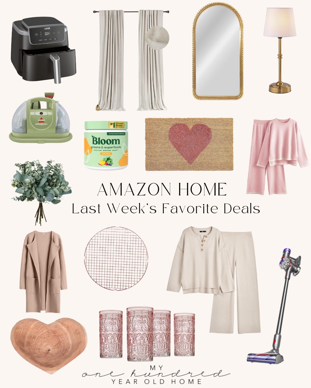 Collage of home items including an air fryer, curtains, mirror, lamp, vacuum, clothing, and decor labeled "Amazon Home: Last Week's Favorite Deals.