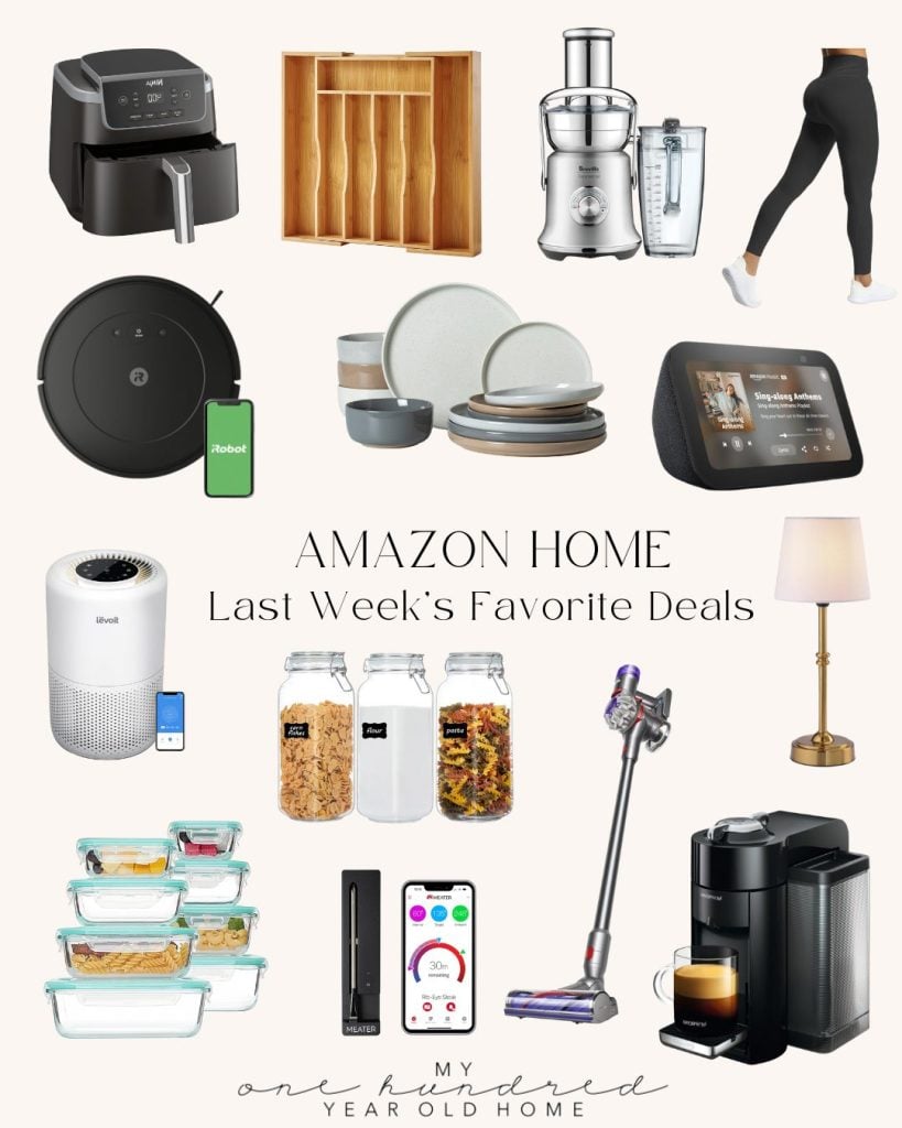 Collage of various home products including kitchen gadgets, cleaning tools, and electronics with text "Amazon Home Last Week's Favorite Deals.