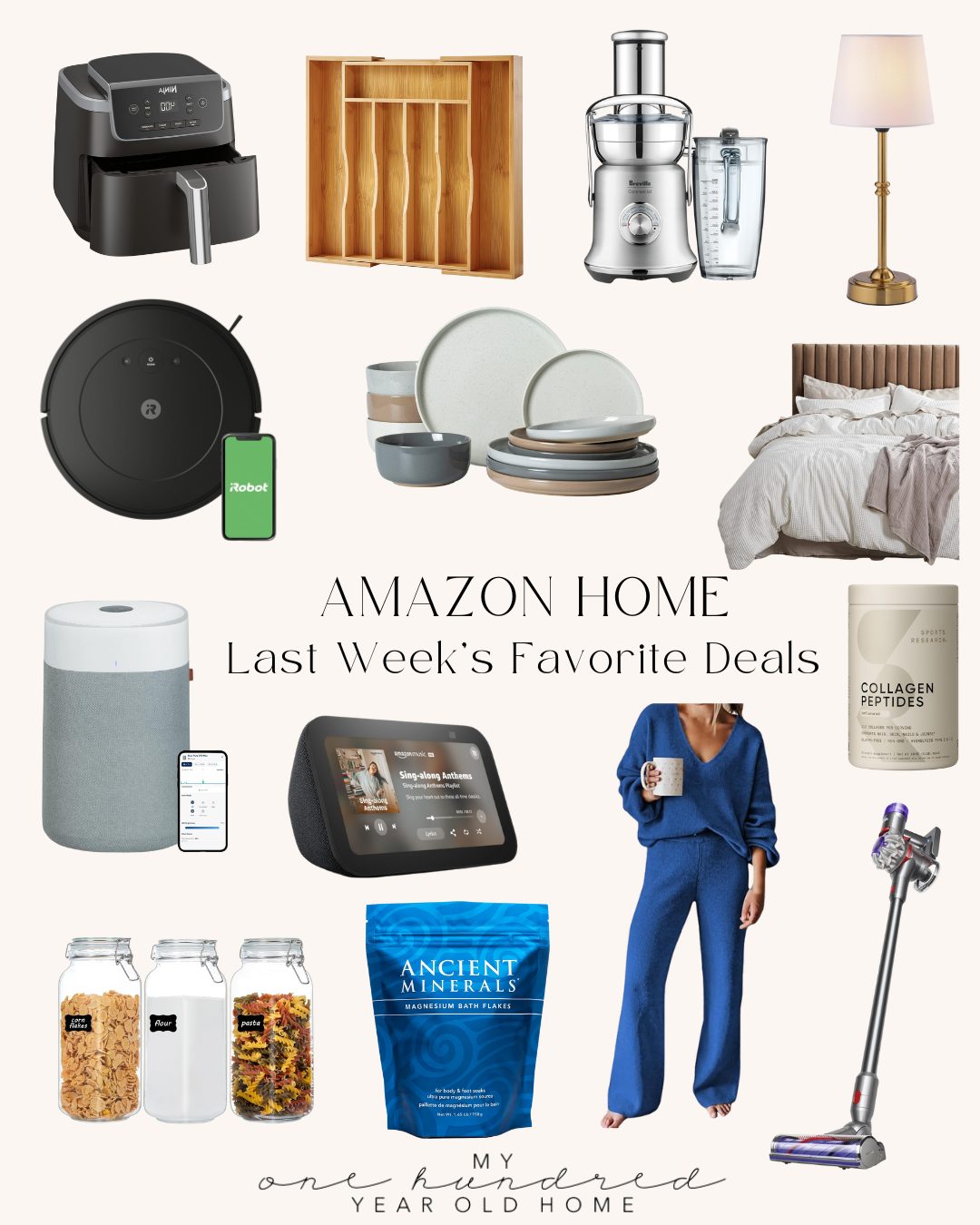 Collage of home items including a blender, air fryer, lamp, robot vacuum, dinnerware, bedding, and more, labeled "Amazon Home: Last Week’s Favorite Deals.