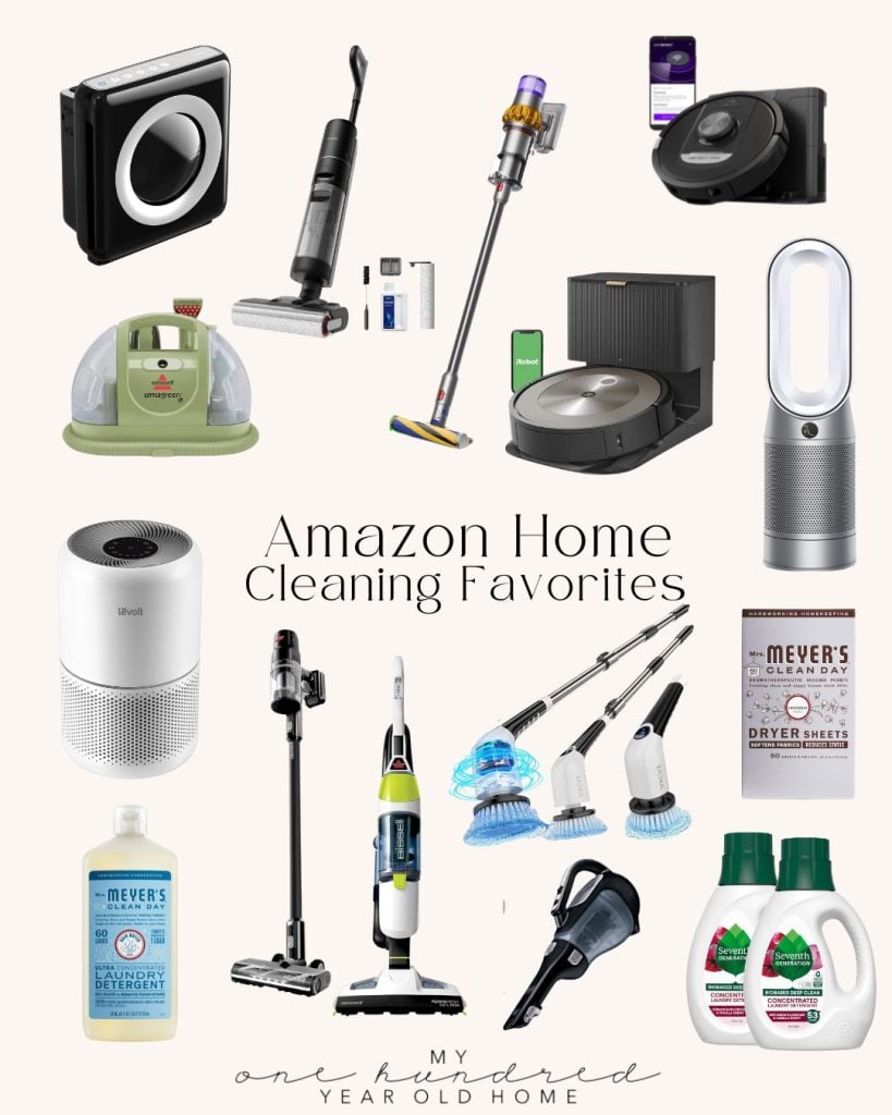 Collage of various home cleaning products, including vacuum cleaners, air purifiers, and cleaning solutions labeled "Amazon Home Cleaning Favorites.