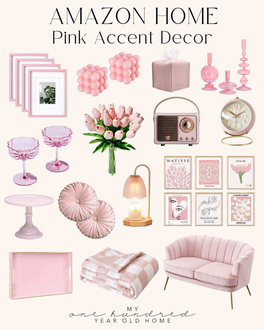 Collage of pink home decor items, featuring a heart pillow alongside wall art, candles, flowers, dishes, a clock, and a chair. Includes Amazon Home and MY 100 YEAR OLD HOME text.