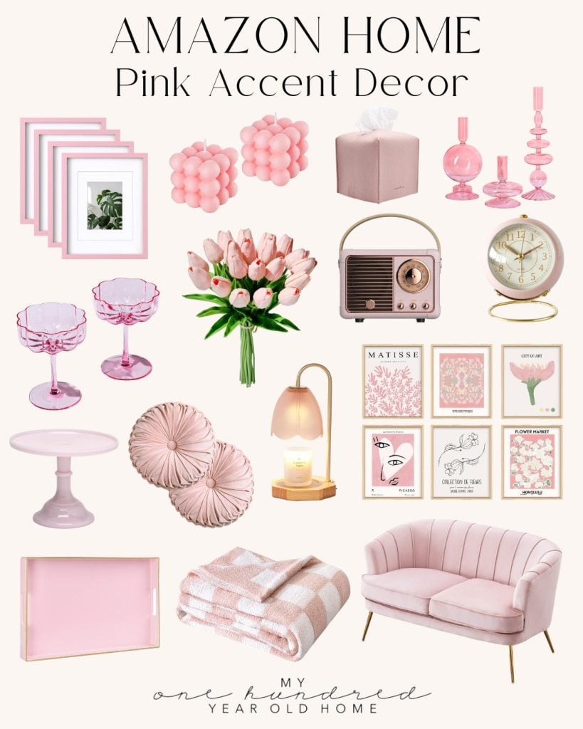 Collage of pink-themed home decor items including candles, clocks, vases, frames, a couch, and more.