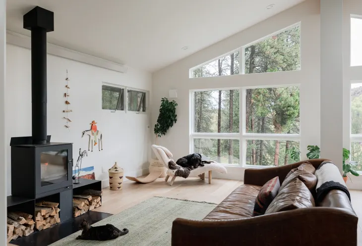 A cozy living room with a large window, wood-burning stove, brown leather sofa, and two black cats resting. Natural light fills the space.