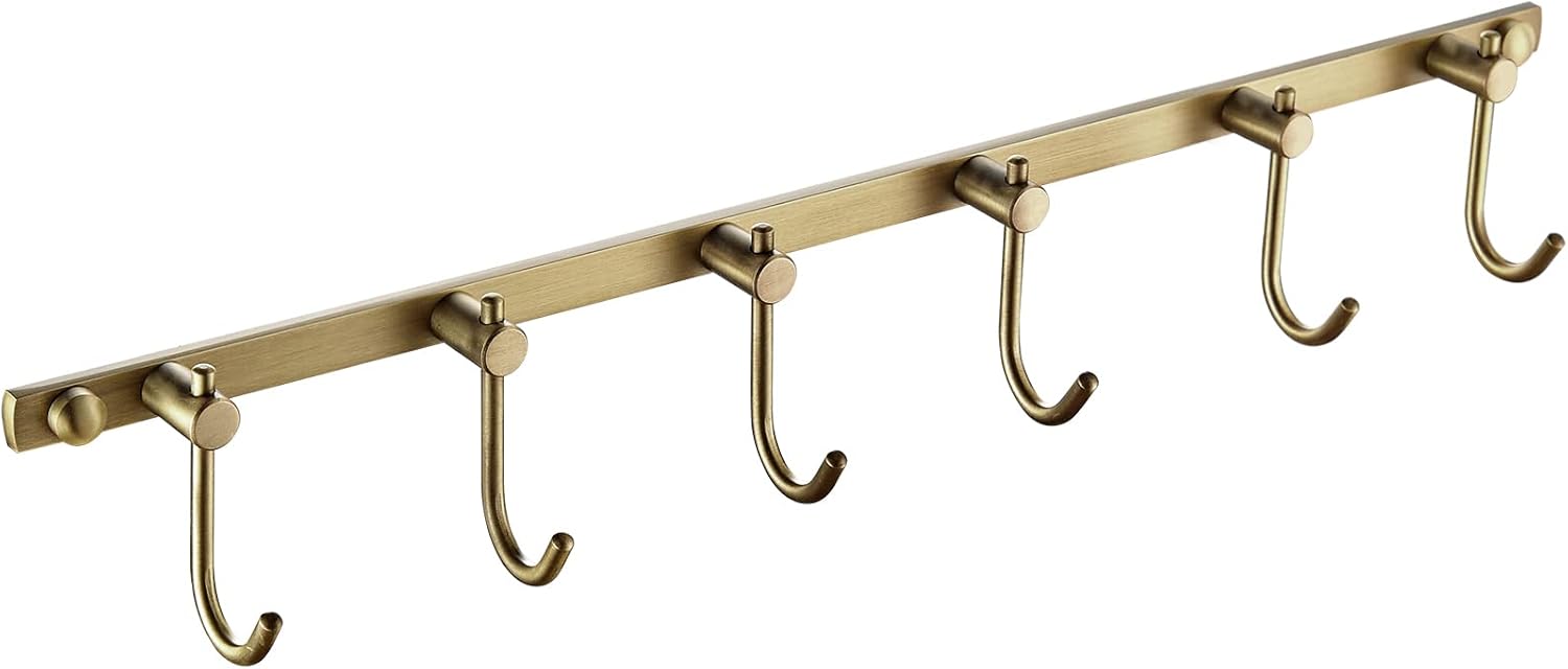Wall-mounted coat rack with five evenly spaced metallic hooks on a horizontal rail.