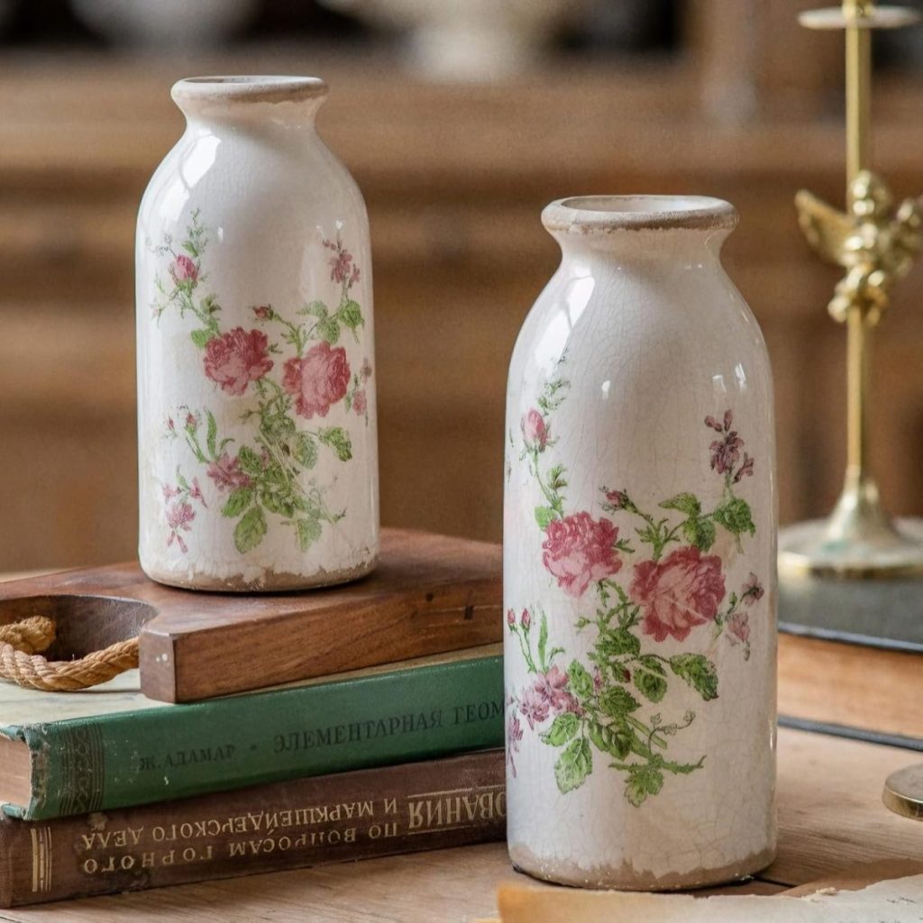 Two ceramic vases with pink floral designs, paired with a classic terra cotta pot, are arranged on a stack of books—one vase on the table and one perched atop the books.