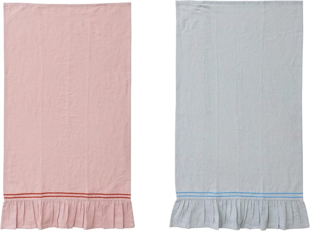 Two rectangular cloths, one pink with a red stripe and one light blue with a blue stripe, both featuring ruffled edges at the bottom&mdash;perfect for adding a Valentine DIY touch to your d&eacute;cor.