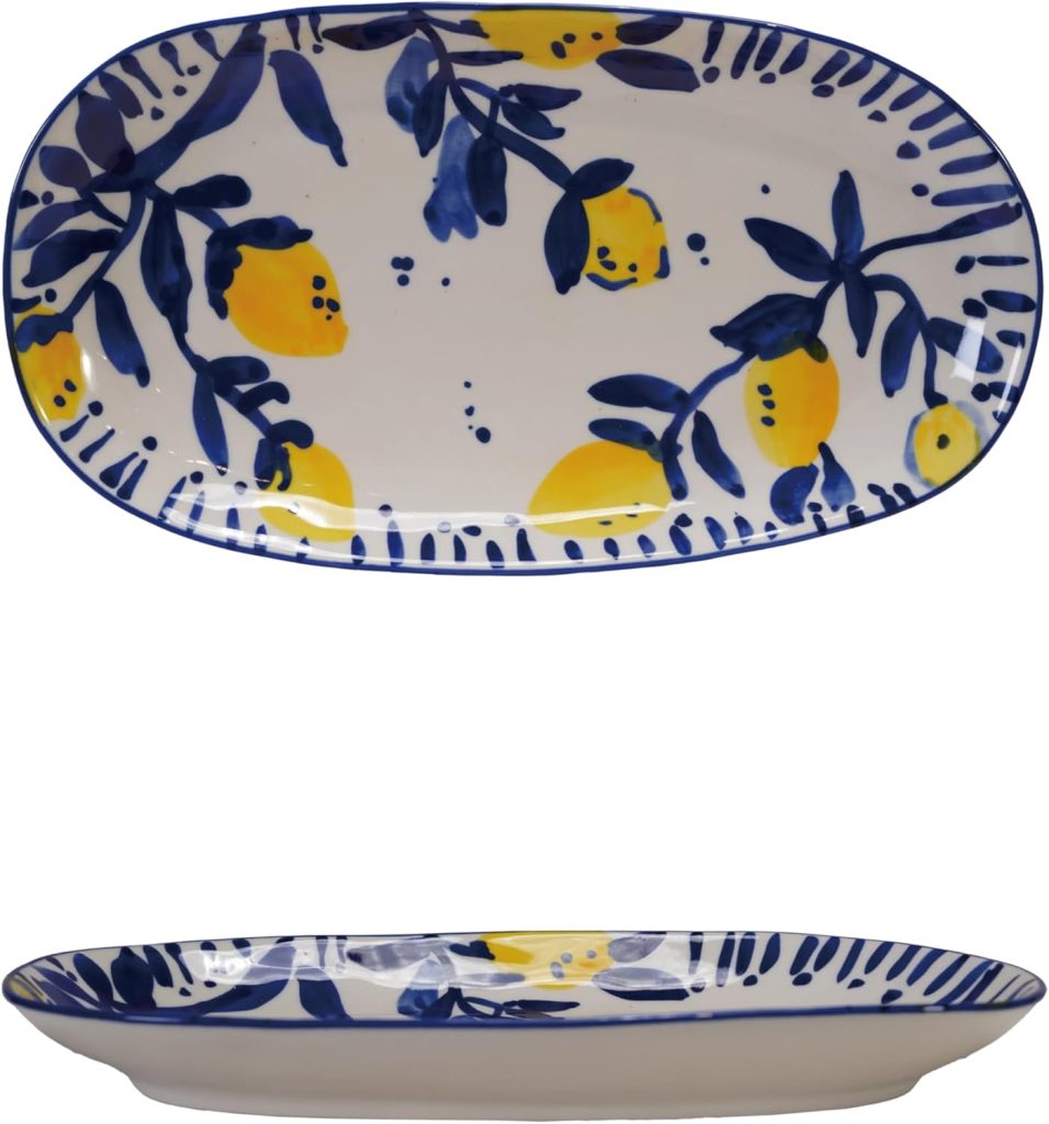 Oval ceramic serving platter with blue and yellow hand-painted lemons and leaves, featuring a blue rim and decorative border&mdash;perfect for presenting your favorite cream pie in style.