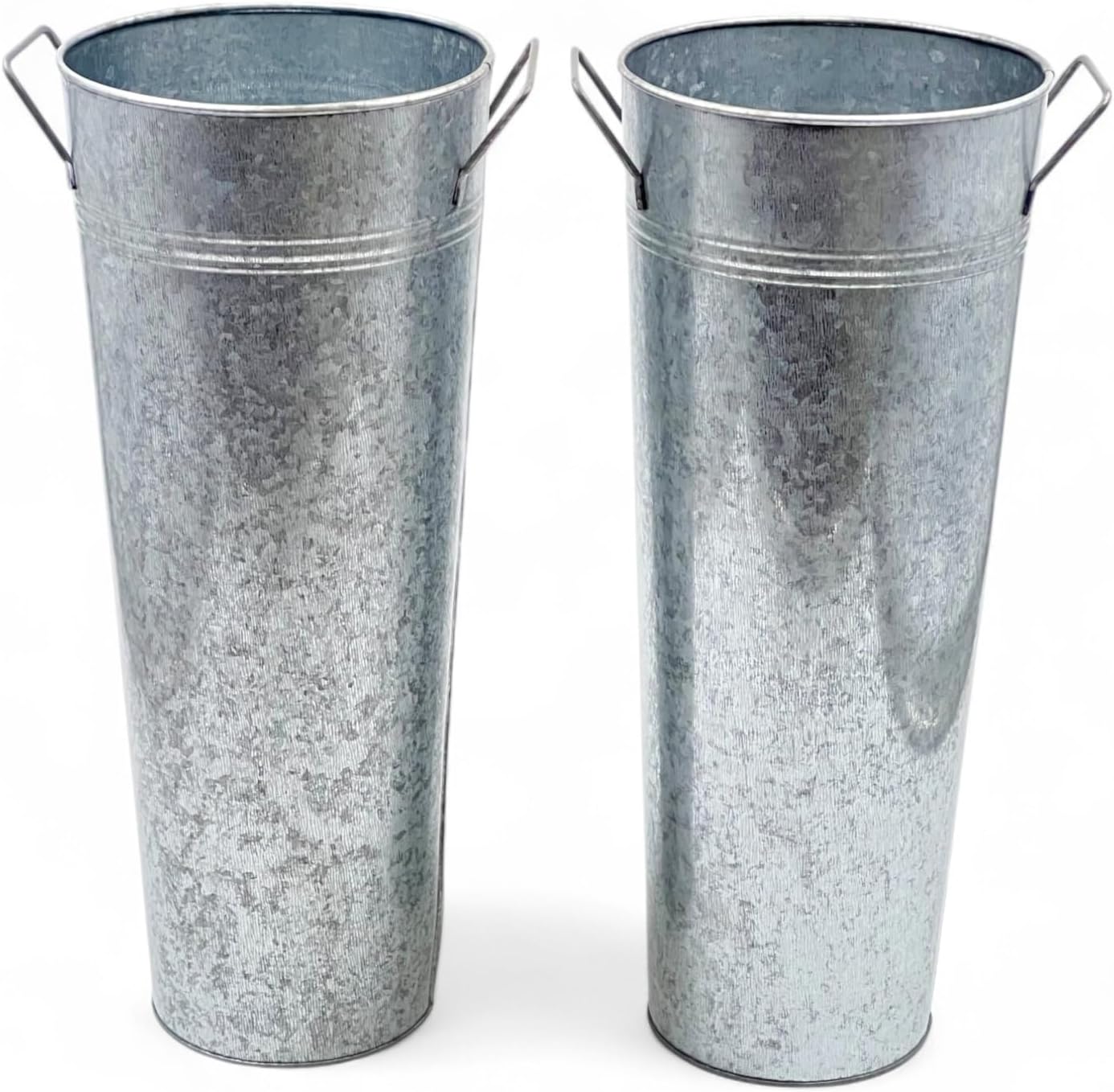 Two tall, cylindrical metal buckets with handles, placed side by side on a white background, perfect for displaying the best faux flowers in style.