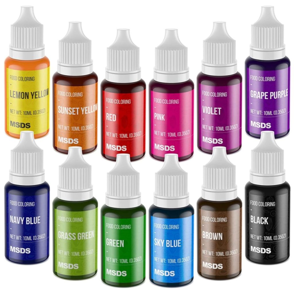 Twelve bottles of food coloring in various colors, each labeled with its color name&mdash;perfect for decorating flower cupcakes in shades like yellow, red, pink, violet, blue, green, brown, and black.