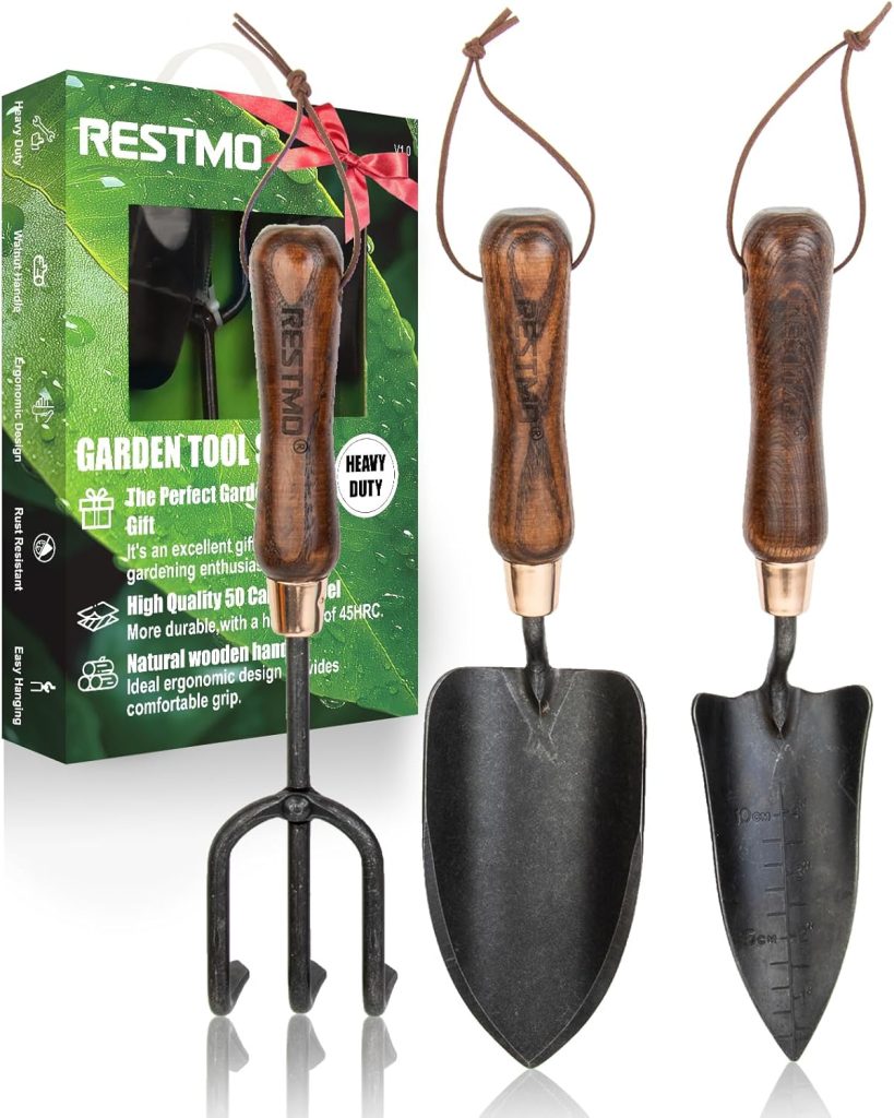 Three gardening tools with wooden handles (hand rake, transplanter, trowel) are displayed in front of a RESTMO Garden Tool Set box&mdash;perfect for tending to your garden pots.