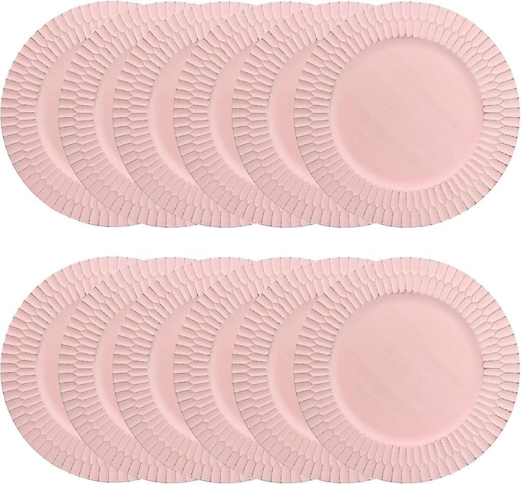 Ten light pink, round paper plates with textured edges, arranged in two rows of five on a white background—perfect for adding charm to your dining room table decor.