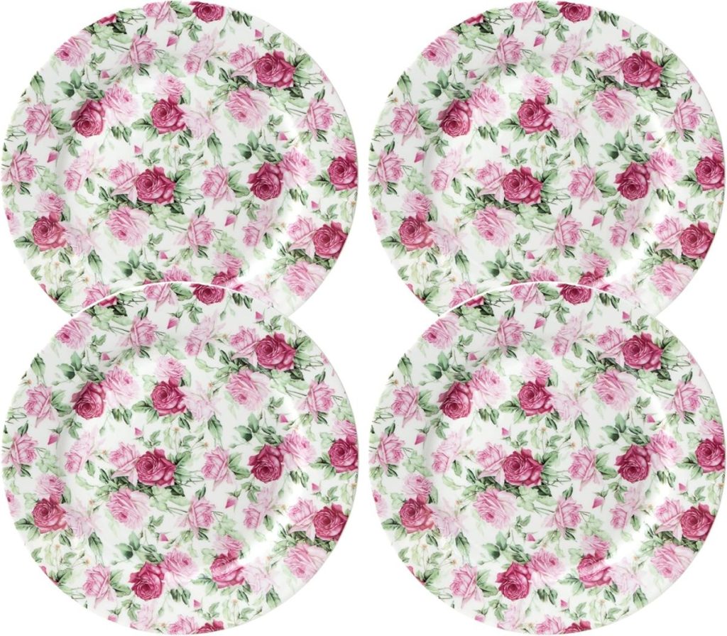 Four round plates with a pink and green floral rose pattern, arranged in a square formation on a white background, evoke the charm of a blooming terra cotta pot garden.