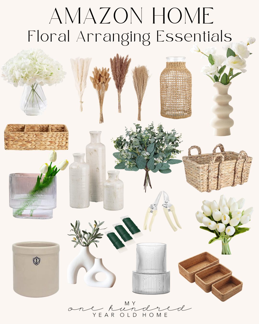 A collection of floral arranging essentials, including vases, baskets, and terracotta pots, along with clippers, greenery, and decorative items. All displayed under the title "Amazon Home Floral Arranging Essentials.