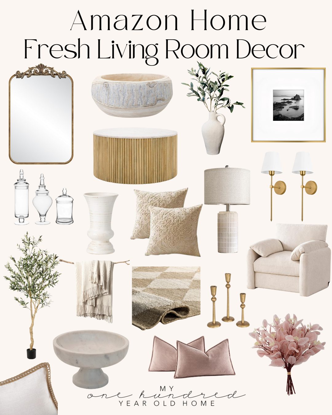 A calming collage of living room decor features a mirror, ottoman, plants, and wall art. Pillows, lamps, candlesticks, and furniture in neutral gold and beige tones create a serene space to help reduce stress.