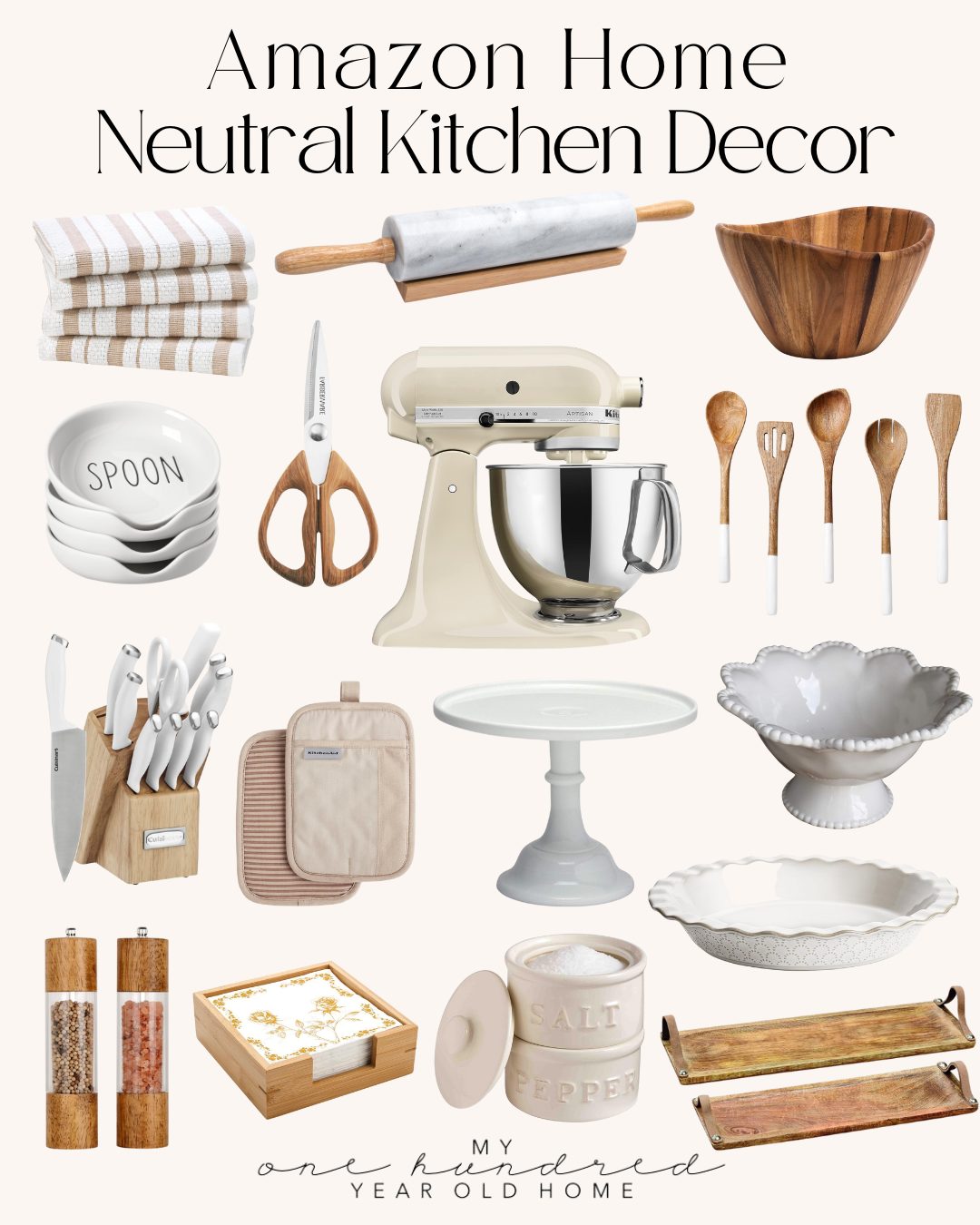 A collection of neutral-toned kitchen items including a mixer, bowls, utensils, trays, a rolling pin, towels, plates, knife set, and decorative jars with salt and pepper.